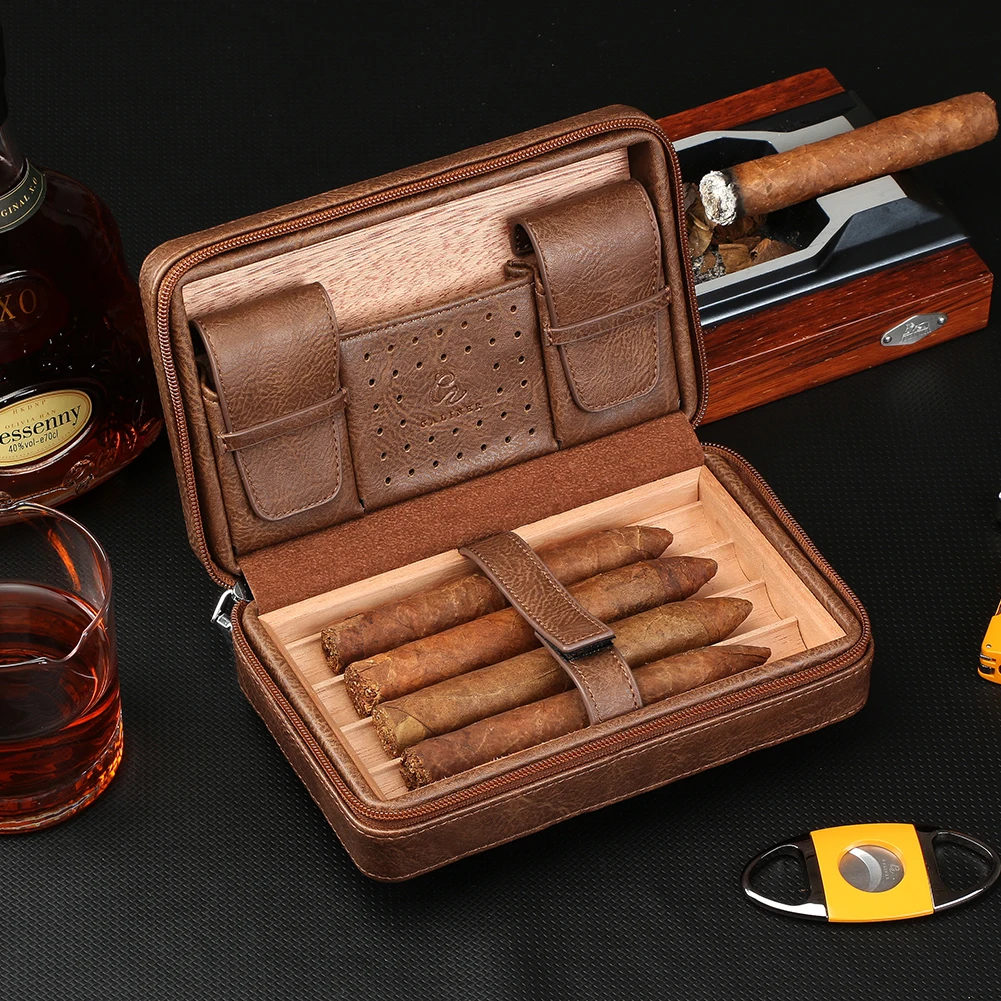 GALINER Leather Cigar Case Travel Humidor Cedar Wood 4 Tube Holder Cigar Box Portable Accessories Cigar Humidor Box