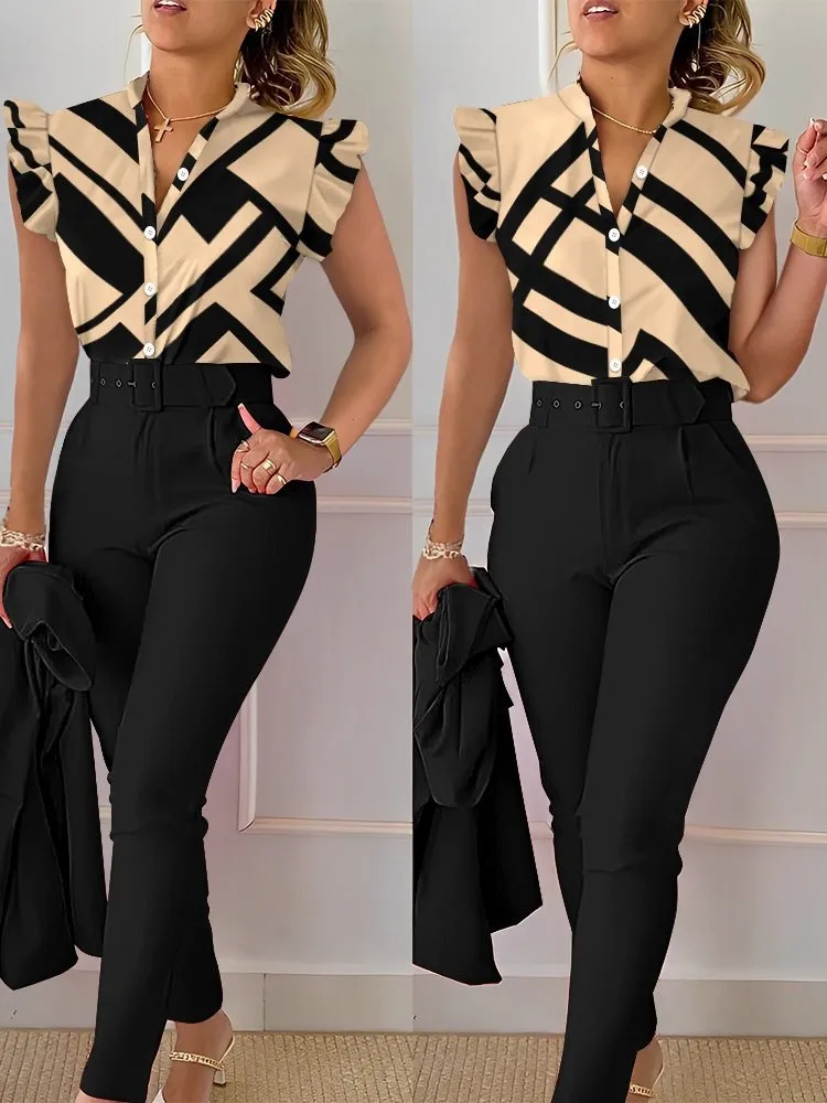 

Summer Women's Elegant Slim Suit Fashion Printed V-neck Button Fly Sleeve Shirt Top Solid Color Trousers Two-piece Set With Belt