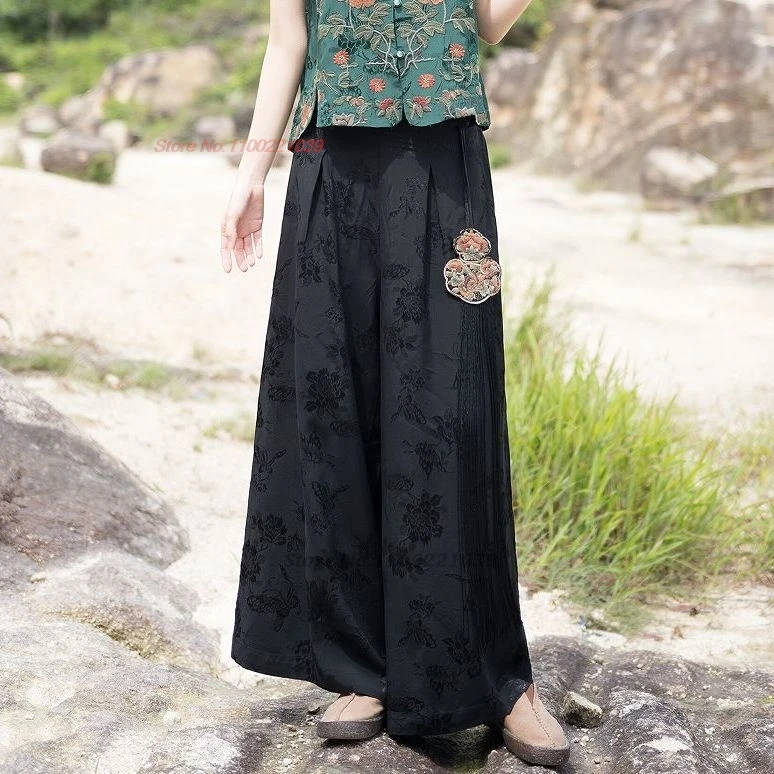 2025 السراويل الصينية خمر الوطنية زهرة التطريز قلادة مرونة الخصر السراويل الشعبية التقليدية الساتان الجاكار السراويل فضفاضة #1
