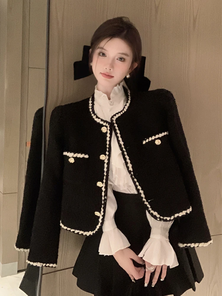 Zoki Japan Sweet Women Tweed Jacket Elegant Buttons Cropped Coat Casual O Neck All Match Female Long Sleeve Vintage Outwear New