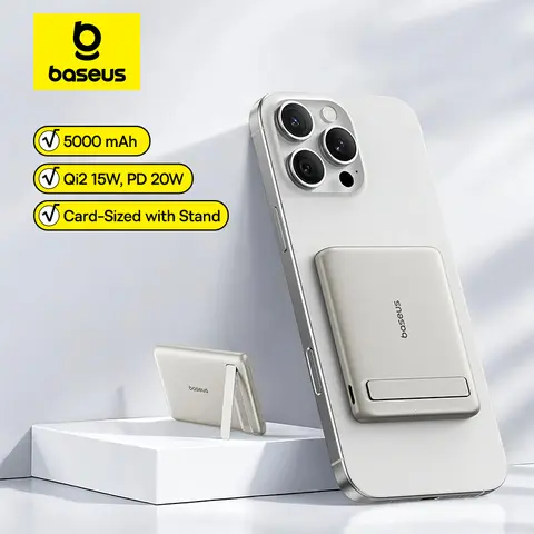 Baseus Qi2 banco de energía magnético con soporte PD 20W 5000mAh banco de energía de carga rápida inalámbrica portátil para iPhone Samsung Xiaomi