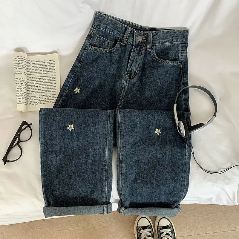 Jeans Embroidery Flower High Waist Women Cute Straight Loose Wide Leg Denim Pant Casual Female Commute Versatile Trousers