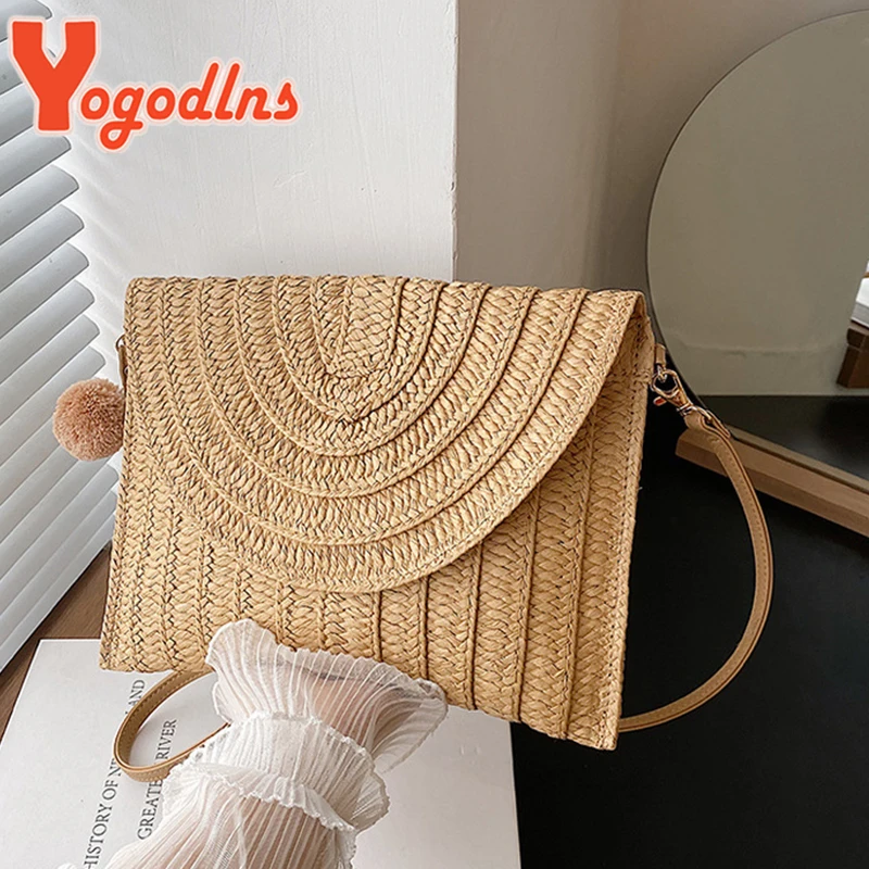 Yogodlns Summer Envelope Straw Bag For Women Fashion New Beach Bag Bohemian Style Shoulder Crossbody Bag Braided Handbag clutch