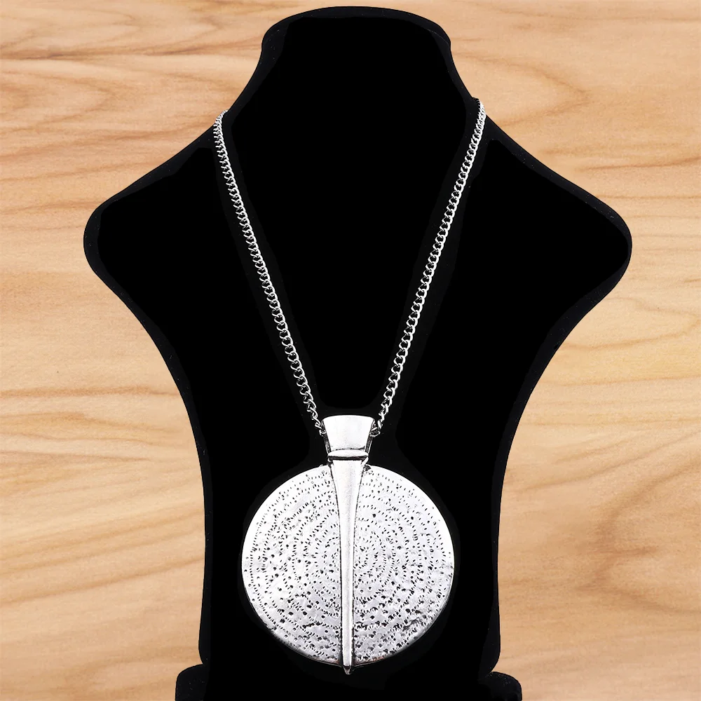 Tibetan Silver Large Boho Bohemia Tribal Round Medallion Pendant on Long Chain Necklace Lagenlook 34 Inches for Jewelry Women