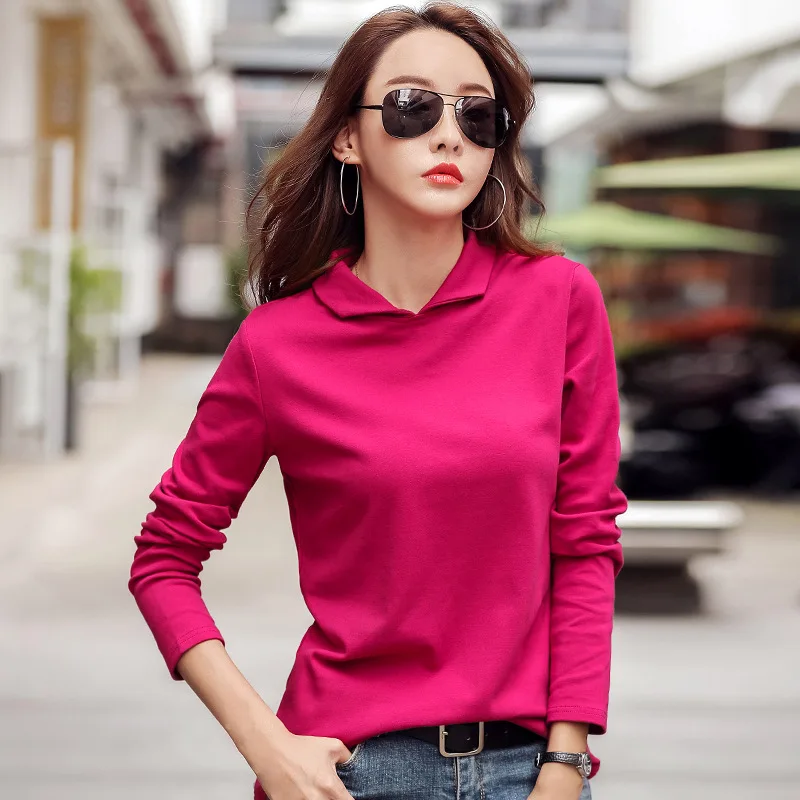 

long sleeve t-shirt women autumn winter cotton cute turn down collar t shirt casual polo pullovers black white tops tees