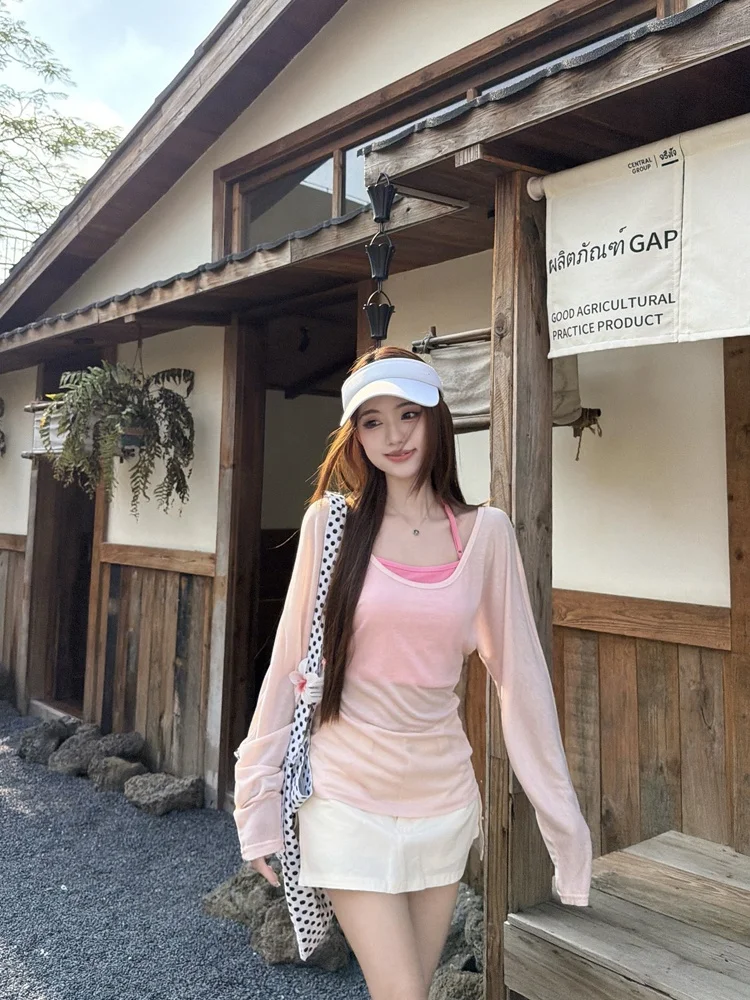 

Summer New Fashion Women's Sleeveless T-shirt Set High Neck Long Sleeve Sun Protection Thin Top Bottom Matching Outfit