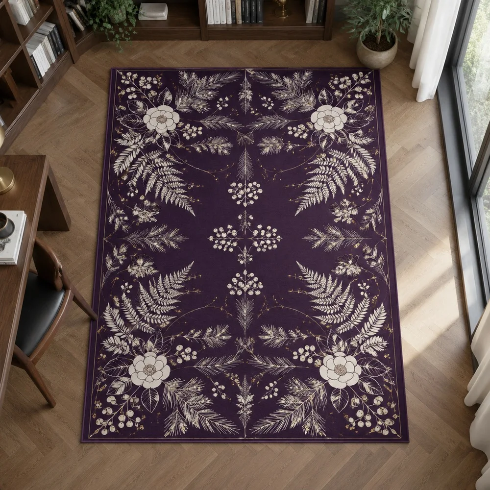 VIKAMA Rug Carpet Deep Plum Fern Pine Camellia Botanical Soft Stain Resistant Laundry Room Staircase Master Bedroom Home Decor