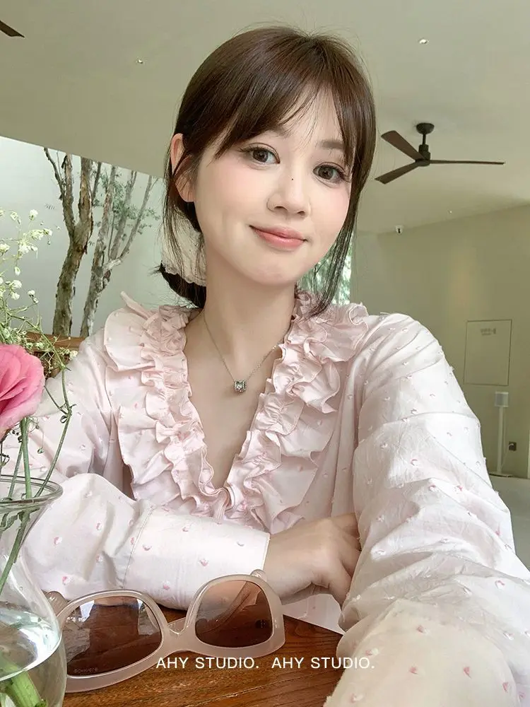 

Korejpaa Autumn 2025 New Sweet Shirts Elegant Korean Fashion Ruffle Slimming Shirt Gentle Temperament Top Roupas Femininas