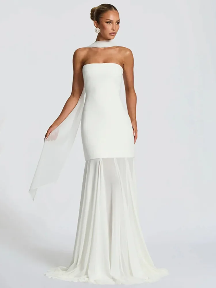 Off-shoulder Strapless Sexy Maxi Dress Women Elegant Scarf Collar Sleeveless Backless Bodycon Club Party Long Dresses