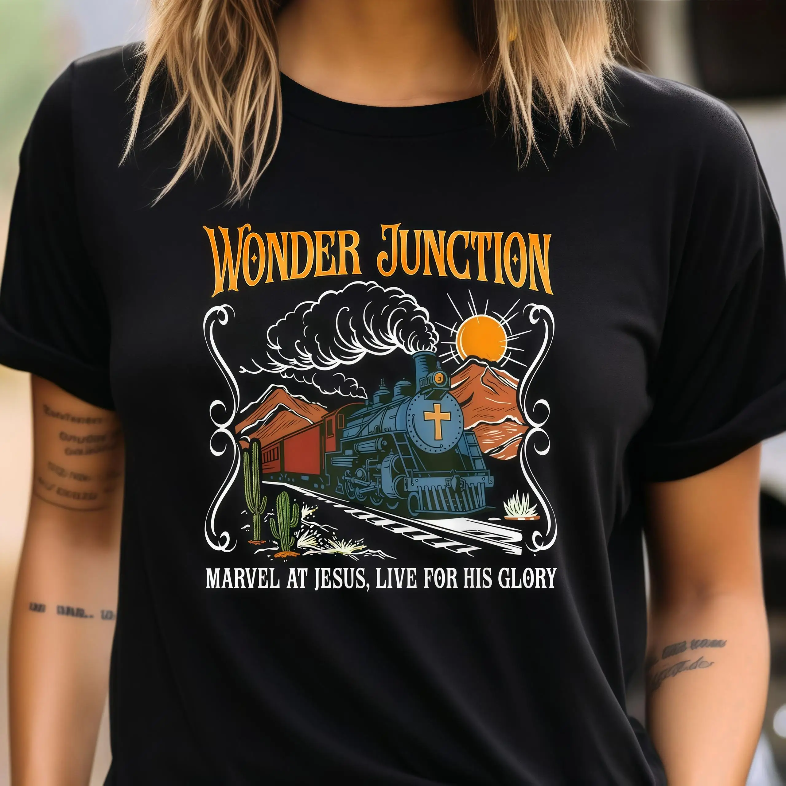 

Wonder Junction Christian Graphic T-Shirt Unisex Vintage Train Print Cotton Tee for Church Groups or Faith Events