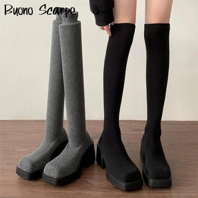 

Вязаные женские ботинки выше колена с квадратным носком на толстой подошве и платформой на массивном каблуке, однотонная эластичная модная сексуальная обувь в стиле вестерн