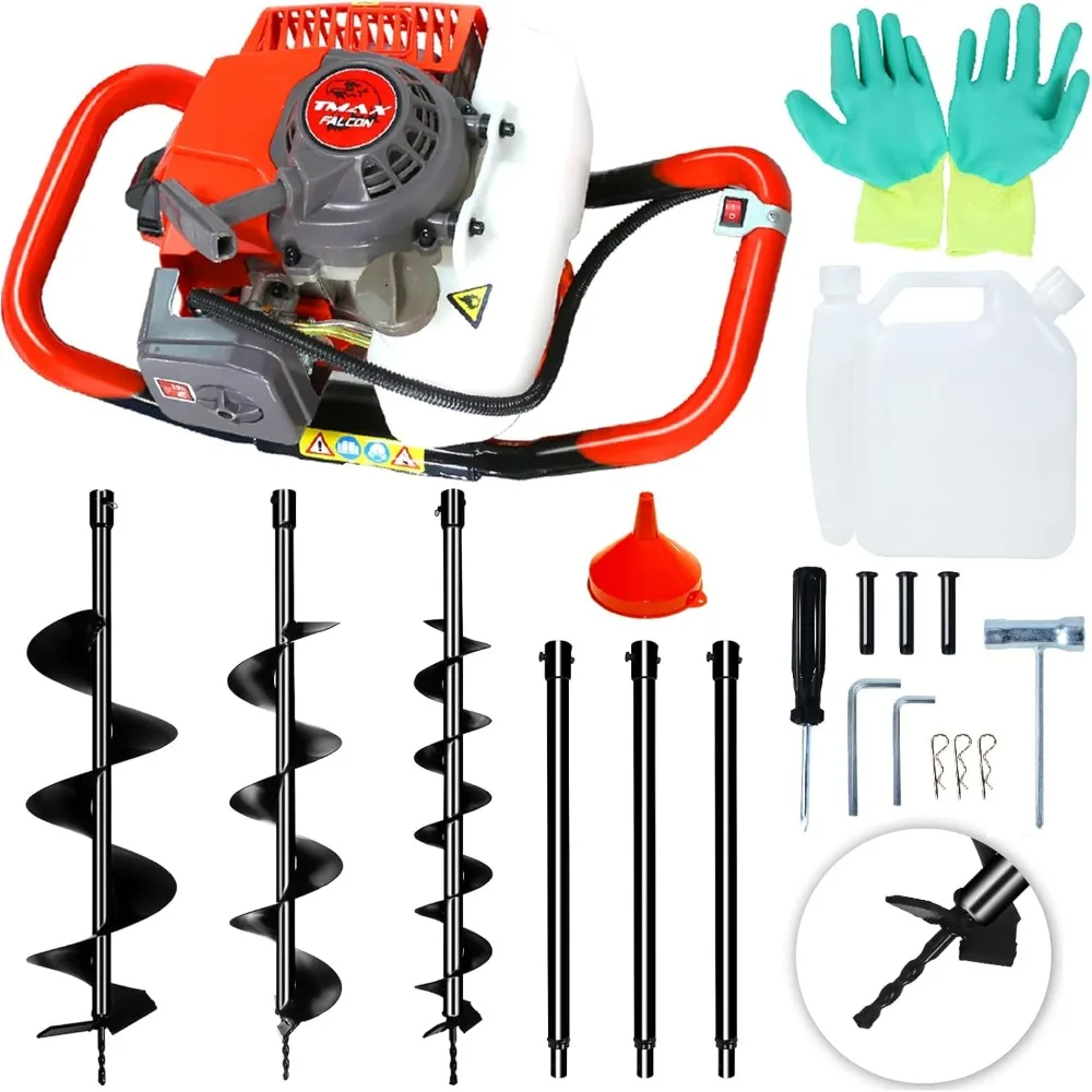 Excavadora de orificios de poste de barrena de 62CC con 3 brocas de barrena (3" y 5 y 8") + 3 varillas de extensión (24" y 24" y 24"), excavadora de tierras de 2 tiempos alimentada por gas