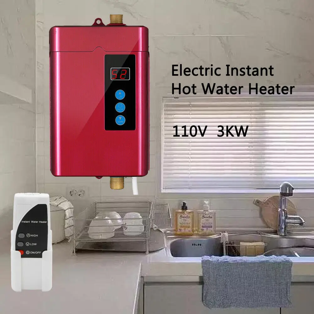 3000W 110V Small Electric Tankless Instant Hot Water Heater for Shower Kitchen Bathroom Boiler 28-55℃ Adjustable