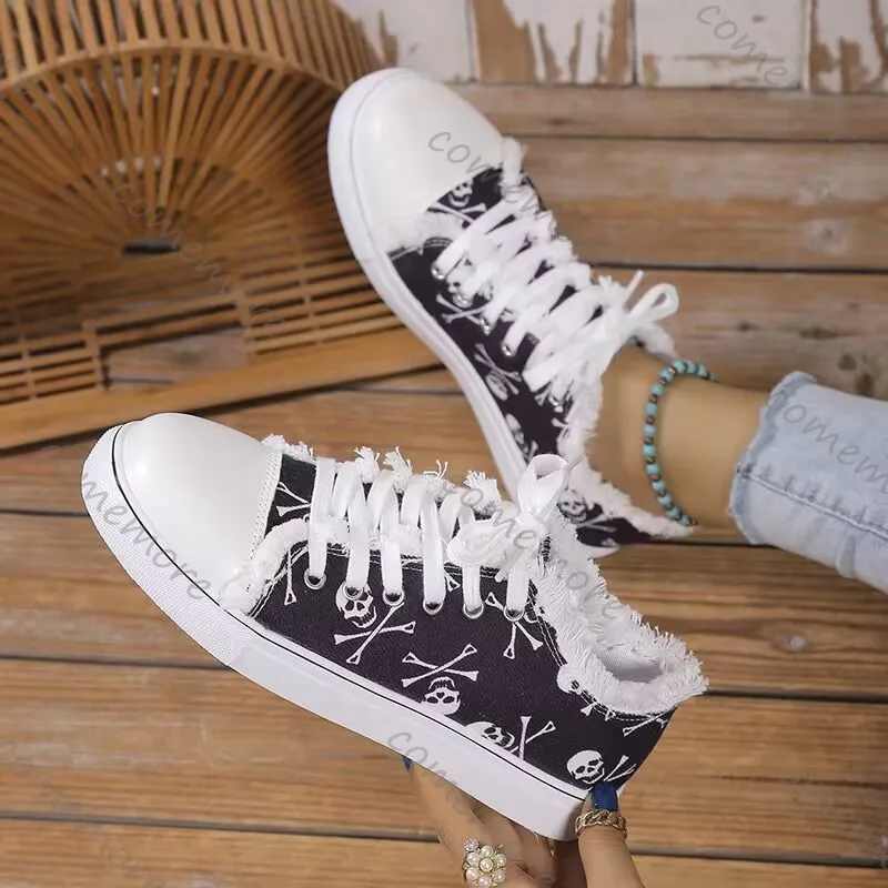 Comemore Women's Skull Pattern Vulcanized Shoes Flat Bottom Fashion Lace Up Sneakers Female Casual Breathable Tennis Canvas Shoe