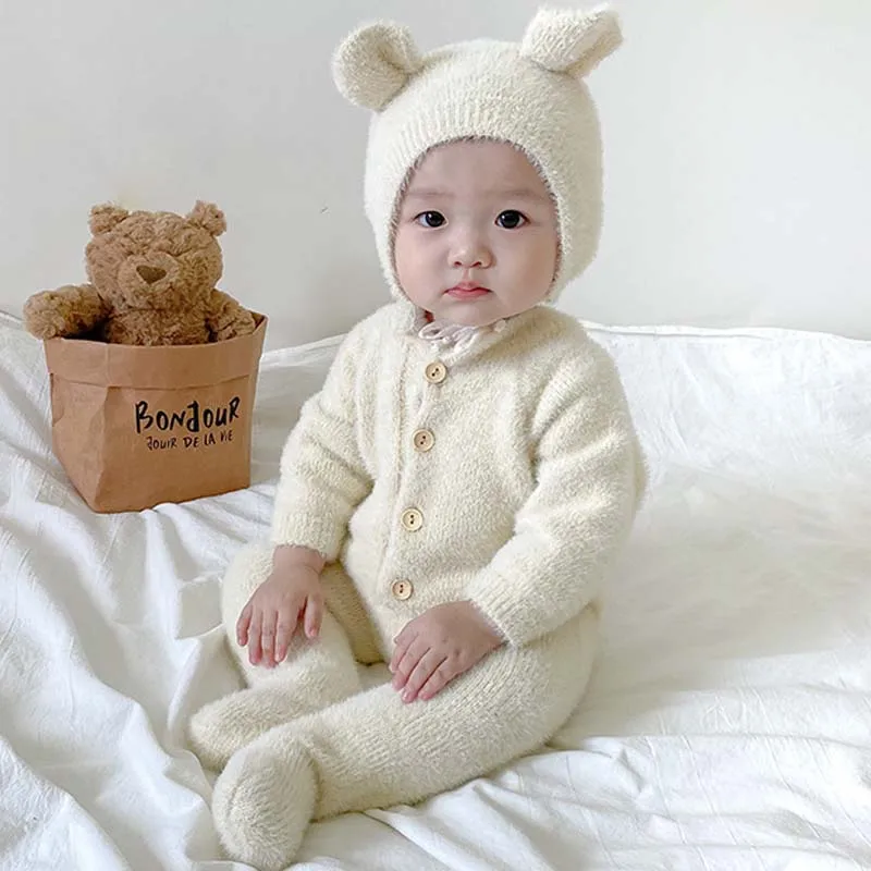 2 Stück Winter Baby Stram pler Hut Kunst pelz Fuß Neugeborenen Overalls für Mädchen Jungen Kleidung weich warm Kleinkind Outfit Set Kinder kleidung