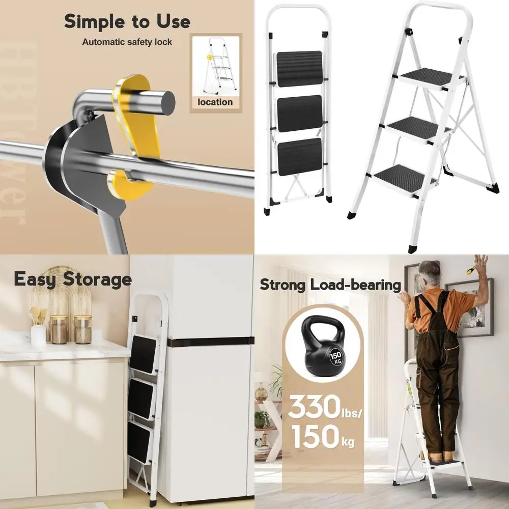 

Compact 3-Step Folding Ladder with Anti-Slip Treads, Lightweight Portable Step Stool, 330 lbs Load Capacity, Ideal for Kitchen a