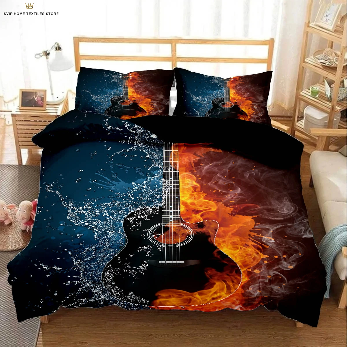 Water and Fire Poles Guitar Notes 3D Stereo Printing Quilt Cover Cool Black Bedding Set Quilt Cover Pillowcase Three-piece Set