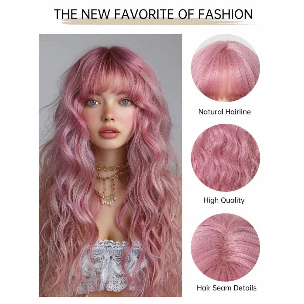 Pink Long Wavy Synthetic Wig with Full Bangs Heat Resistant Fiber Natural Looking Wig for Women Daily Party Cosplay Halloween
