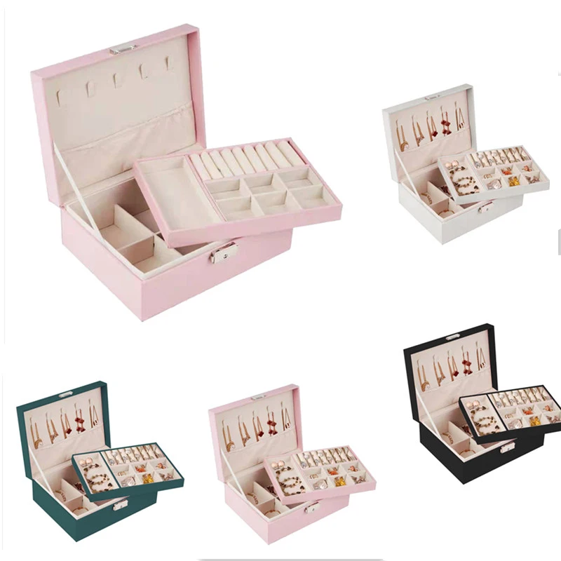 

Портативный органайзер для ювелирных изделий, двухслойный чехол из искусственной кожи для серег, ожерелий, колец, дорожный подарок для хранения для женщин