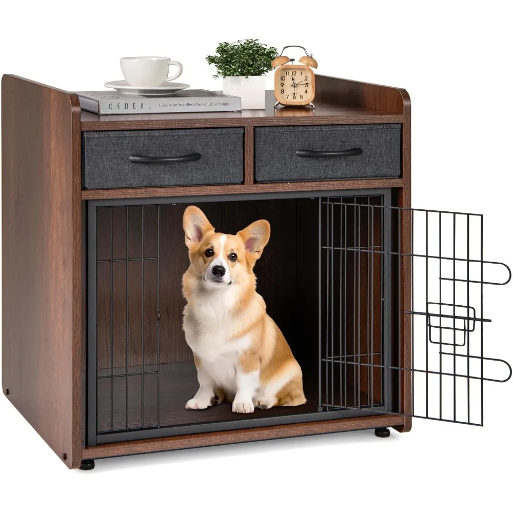 

Wooden Furniture Dog Crate: End Table Dog Cage with 2 Storage Drawers, Latched Door – Indoor Pet Kennel for Small Dogs