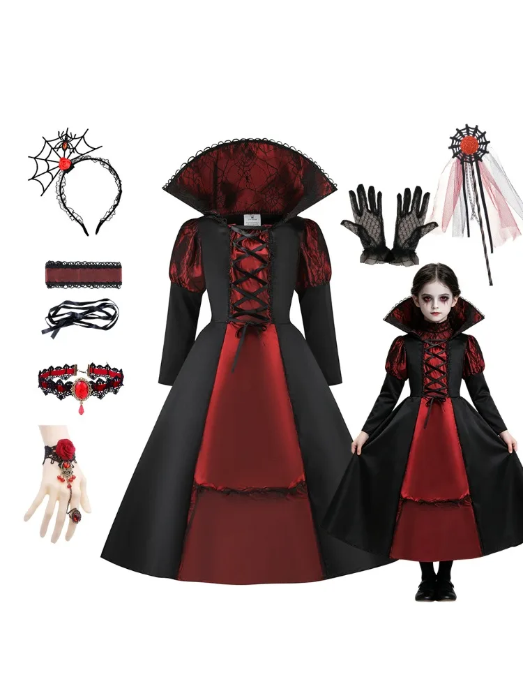 Mädchen Cosplay Kostüm Kleid Kinder Gothic Vampir Rollenspiel Outfit Schwarzes Rotes Satinkleid für Halloween Verkleidungsparty