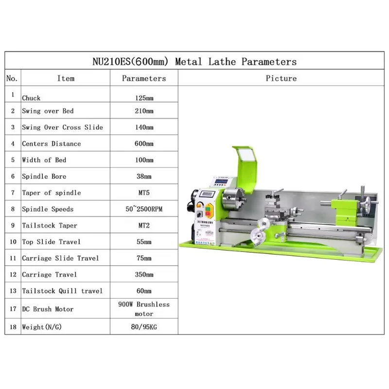 Metal Lathe Machine NU210x600ES 1100W Auto Threading Semi-CNC Lathe 600mm Distance 210mm Swing