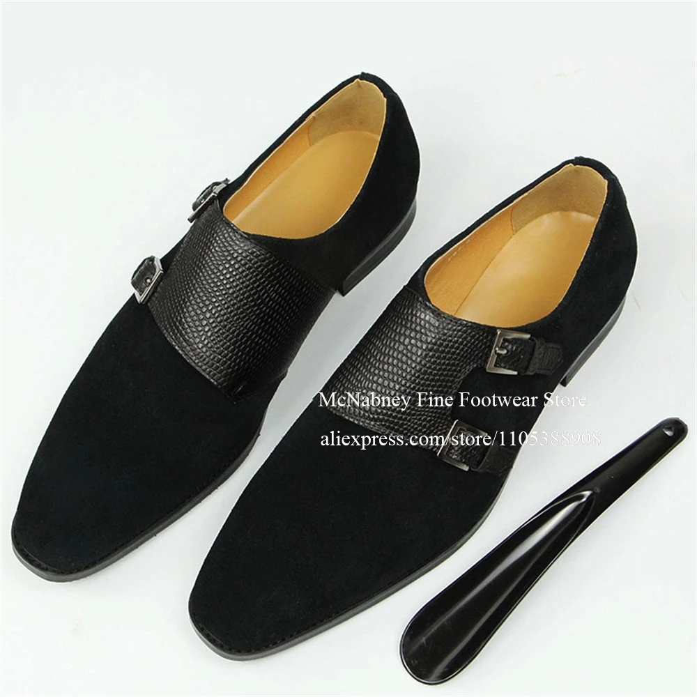 Black Suede Monk Strap Shoes Slip on Textured Leather Contrast Lace up Men Dress Shoes for Formal Business Wedding Plus Size