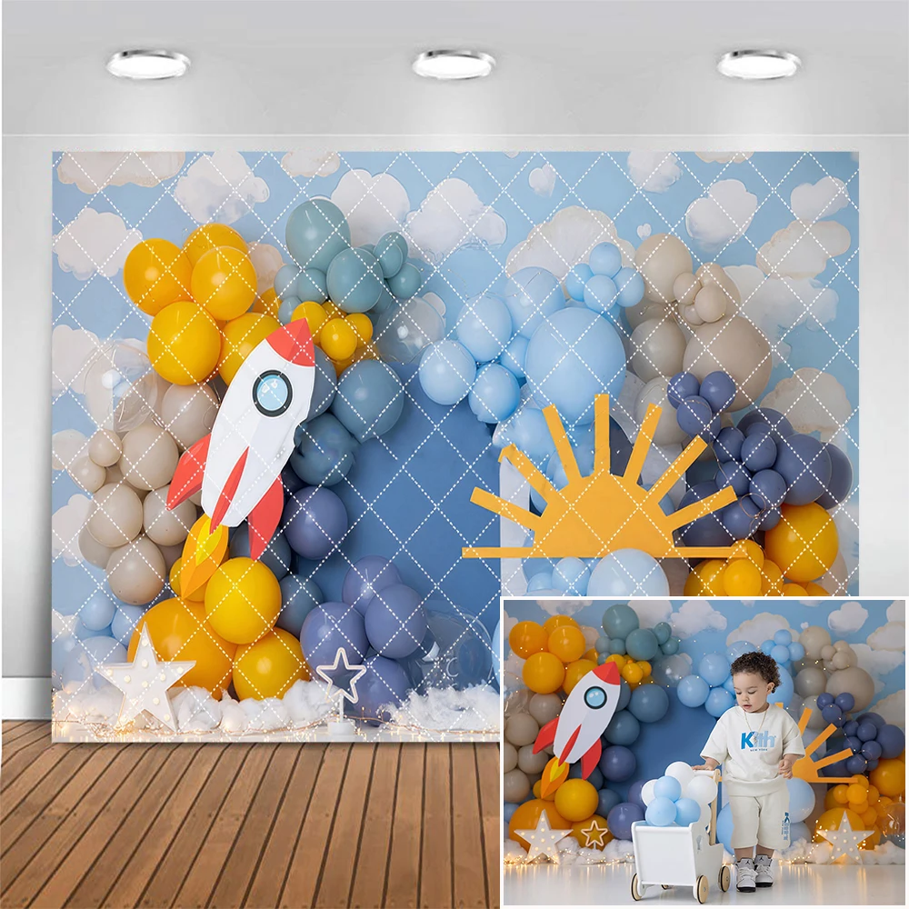 

Astronaut Rocket Photography Backdrop Baby Kids Birthday Cake Smash Photocall Background Blue Balloon Photo Studio Props Banner