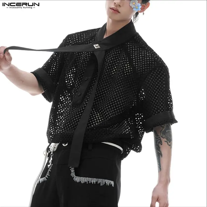 

INCERUN Мужская рубашка See Through Hollow Out Сексуальная мужская одежда с галстуком Уличная одежда 2026 Повседневная модная мужская рубашка с коротким рукавом Топы