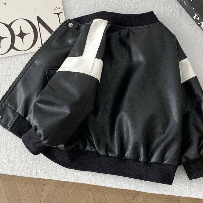 Fashion Baby Boy Girl PU Leather Baseball Jacket Spring Autumn Infant Toddler Child Faux Leather Coat Baby Clothes 1-10Y