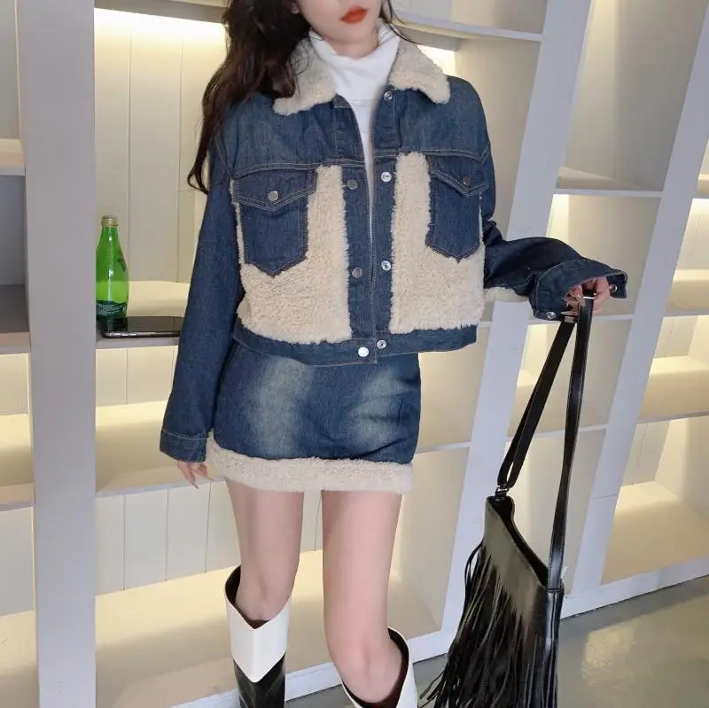 

Two-Piece Denim Spliced Lamb Fur Long Sleeve Jacket Short Skirt Women Winter New High-Waist Slimming Suit