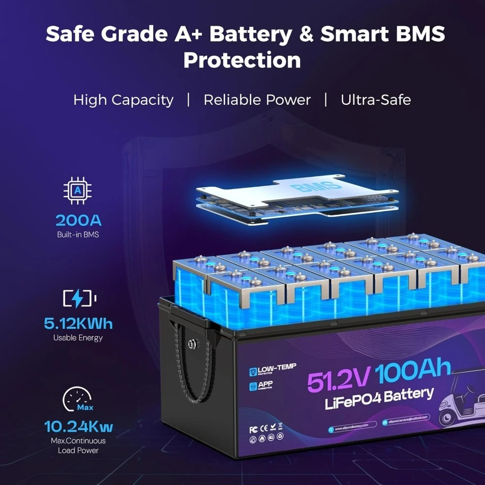 بطارية ليثيوم لعربة الجولف 48 فولت 100 أمبير في الساعة، مدمجة 200 أمبير BMS، بطارية LiFePO4 قابلة لإعادة الشحن بقوة 5000 دورة، بحد أقصى 7.68 كيلو وات طاقة مستمرة O #3