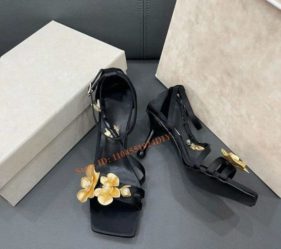 

Black Satin Sandals with Metal Flowers Sexy Banquet Women Shoes Stiletto Heels Sandals Women Thin High Heel Square Toe Shoes