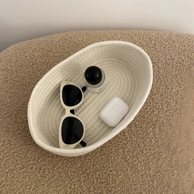 Kawaii Miffy Hand Woven Cotton Hemp Storage Basket Cartoon Rabbit Home Desktop Items Cosmetics Key Elliptical Storage Basket