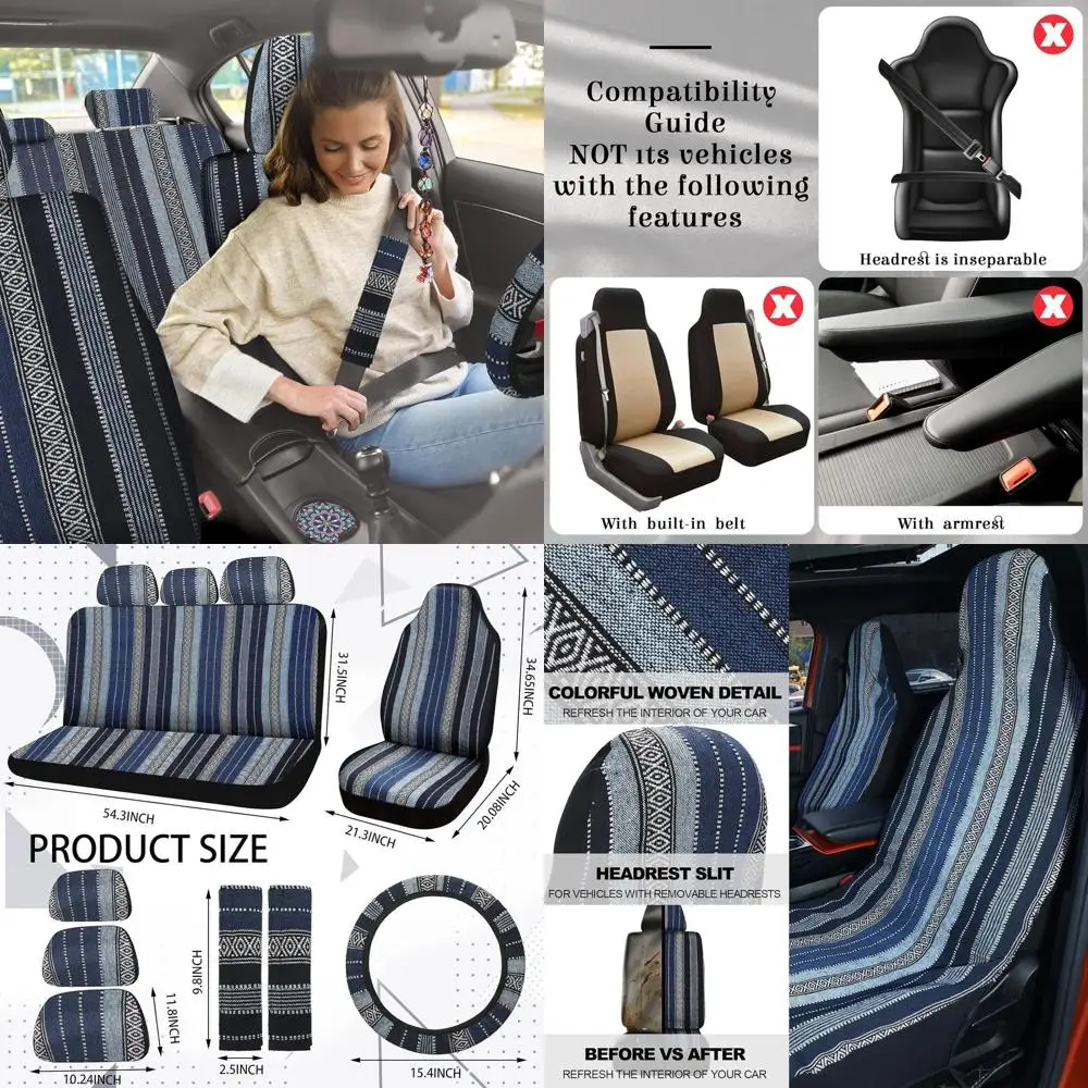 

Universal Car Seat Covers Set with Bohemian Stripes, Steering Wheel Cover, Seat Belt Pads & Crystal Ornament for Most Cars (Retr