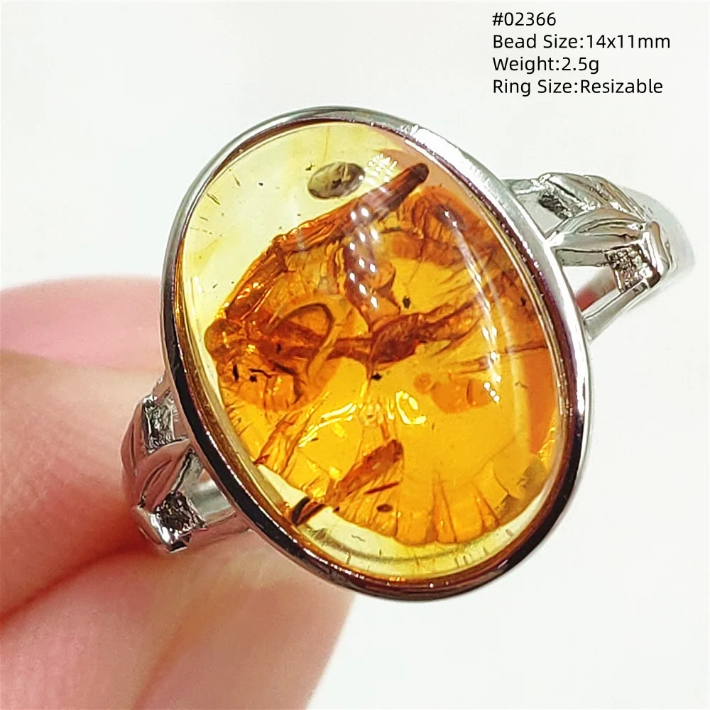 Natural Yellow Piebald Amber Oval Adjustable RingGemstone 925 Sterling Silver Jewelry  Amber Ring For Women Men AAAAA