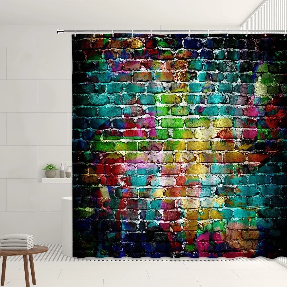 Bamboo Shower Curtain Retro Old Brick Wall Geometric Pattern Lily Flower Home Bathroom Bathtub Polyester Decorative Screens Sets