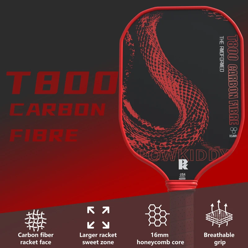 Powkiddy Pickleball T800 Carbon Fiber Hot-Pressed 16mm Professional Competitive Sports Paddle Ball Equipment For Traction