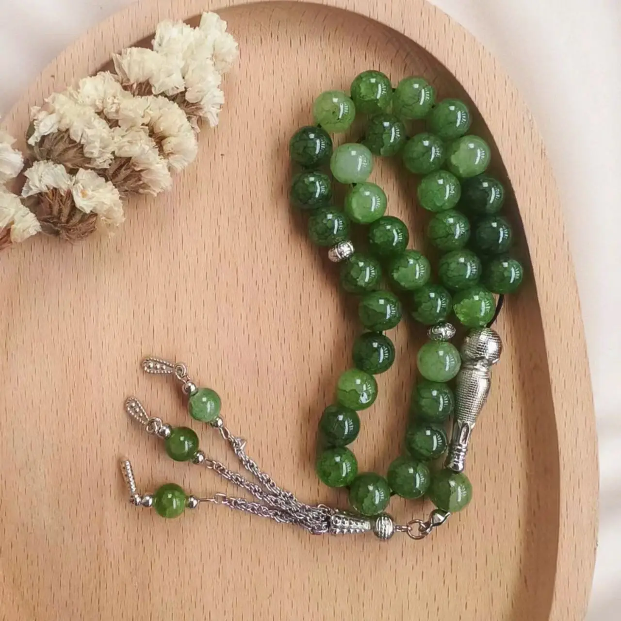 33 خرزة 10 ملم حجر عور التنين تسبيح، خرز صلاة زجاجي متصدع كهدية رمضان، إكسسوارات عصرية إسلامية