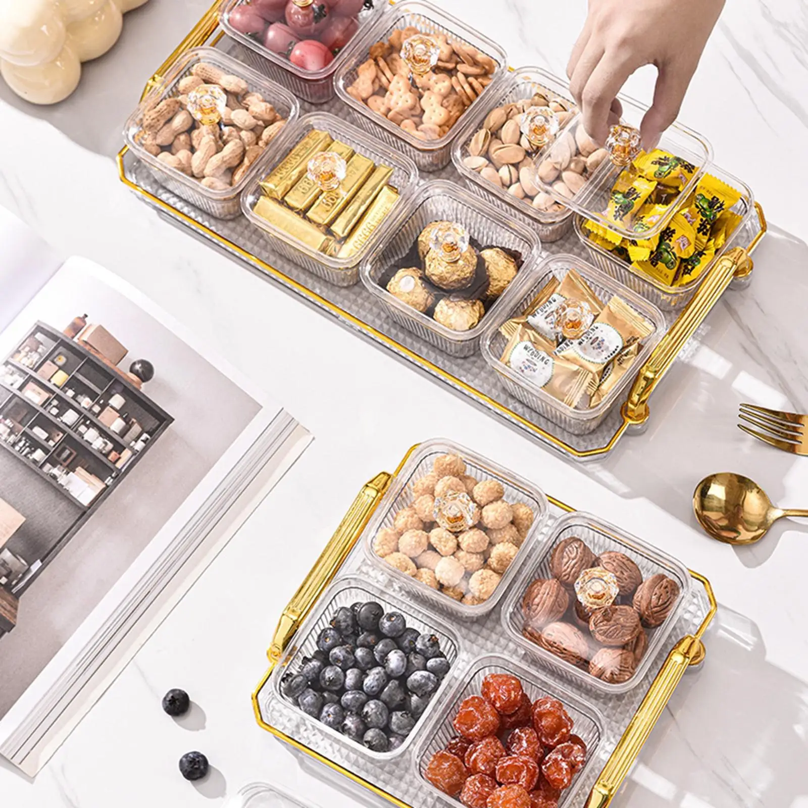 Plateau de service divisé pour fruits secs et noix, avec couvercles et poignée, idéal pour les mariages, les fêtes, les repas de fête et la salle à manger.