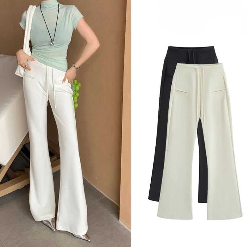 

Новинка 2023 года, женские расклешенные брюки, женские темпераментные офисные женские повседневные брюки, осенние простые однотонные брюки на шнурке