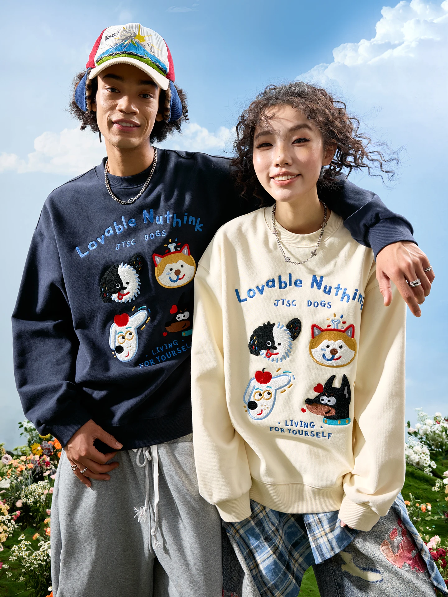 

Nuthink Cartoon Dog Embroidery Letter round Ne Sweatirt American Trendy Brand Couple ex New Sle Spring Cotton Sweat...