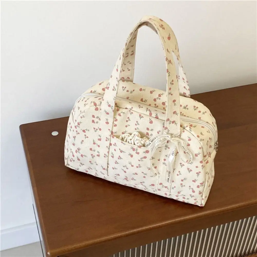 Canvas Floral Handbag Casual Beige Zipper Student School Bag Lightweight Large Capacity Travel Tote Bag