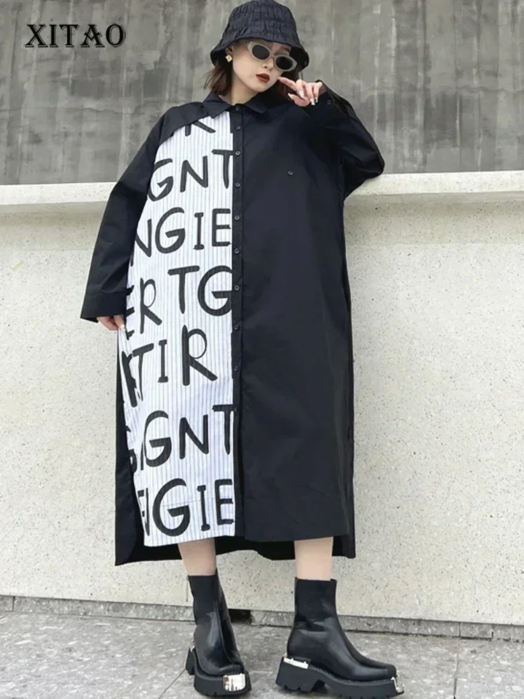

XITAO Full Sleeve Patchwork Print Dress Loose Casual Fashion Turn Down Collar Single Breasted 2025 Spring Women Dress DMJ2423