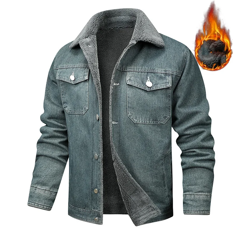 

Men Denim Jacket Autumn Winter Fashion Retro Turn Down Collar Male Plush Coat Single-breasted Long Sleeve Pocket Man Outerwear