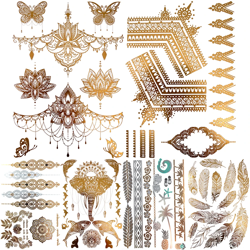 

Богемные временные татуировки с кулоном золотого лотоса для женщин, взрослые мандала, слон, перо, искусственная татуировка, реалистичные татуировки для боди-арта