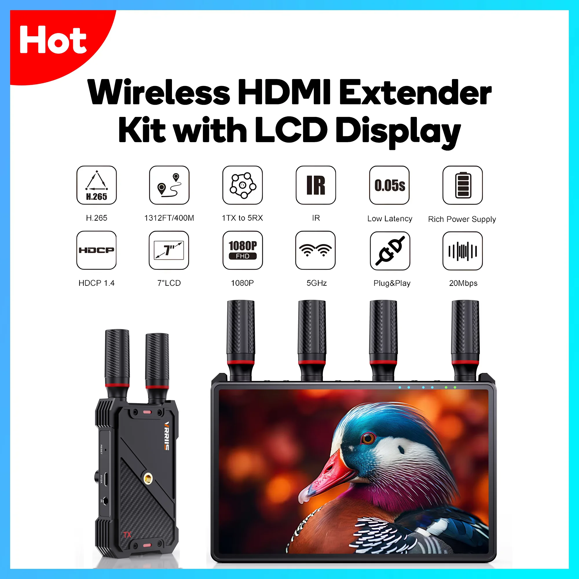 400M HDMI Wireless Extender Receiver HDMI Video Audio Transmitter Receiver with 7'' LCD Screen for Live Streaming support NP-F
