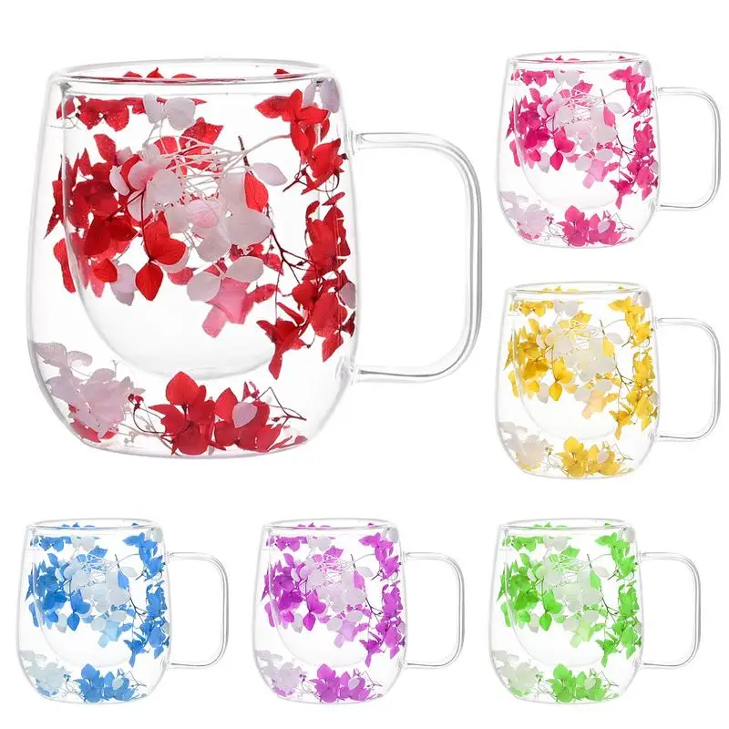 Fillings Dry Flowers Double Wall Glass Cup With Handle Heat Resistant Tea Coffee Cups Espresso Milk Mug Creative Gift 200ml