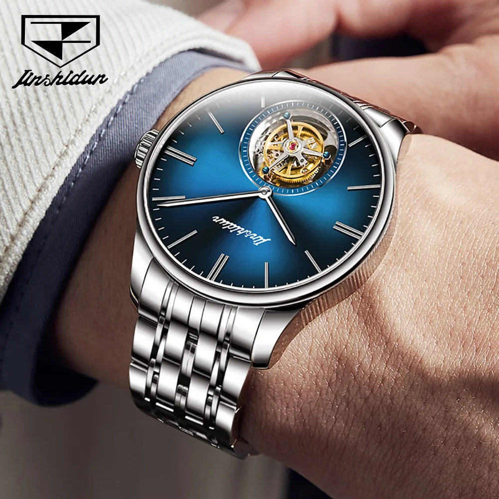 JSDUN Tourbillon Watch for Men Luxury Skeleton Waterproof Sapphire Mirror Stainless Steel Blue Men\'s Automatic Mechanical Watch