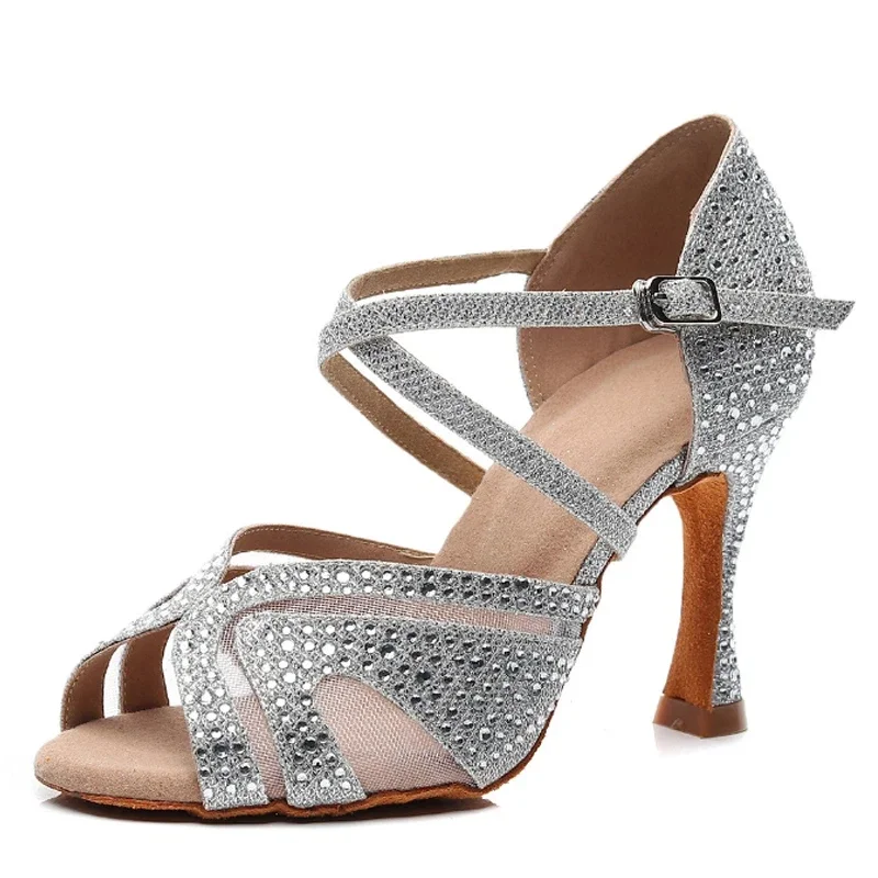 

Latin Dance Shoes, Adult Women's Salsa Dance, Tango Dance Shoes, Training Dance Shoes, High-heeled Sandals, Black and Silver
